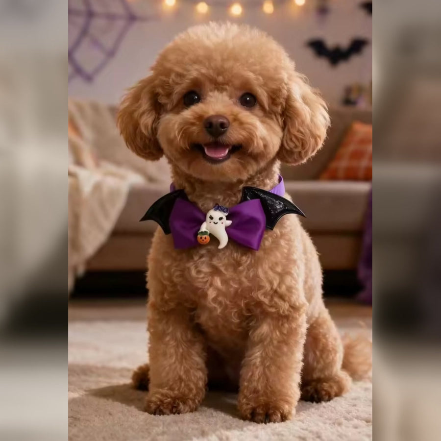 Perrito con collar de Halloween con alas de murciélago