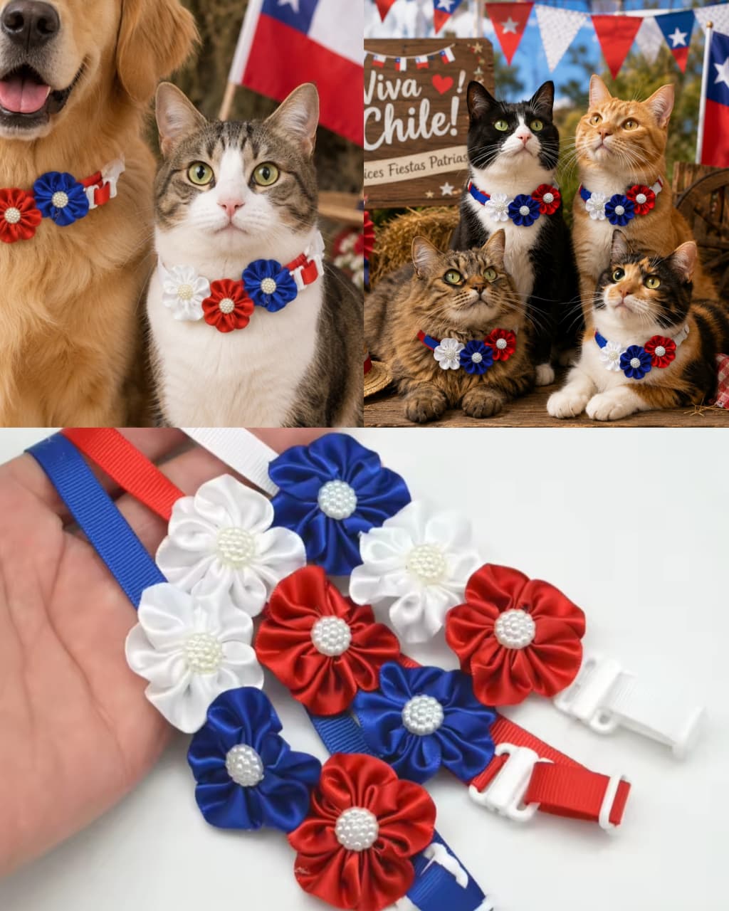 Collar de Fiestas Patrias para Perro y Gato - Flores Blanco, Azul y Rojo